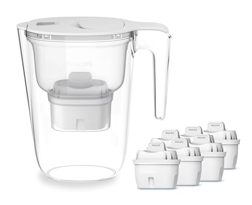 Filtro Caraffa Philips +6 Cartucce Filtranti Di Ricambio Micro X-Clean, Flusso Rapido, Bianco, 2,6 Litri, Timer Elettronico