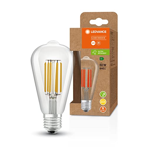 Ledvance Lampada A Risparmio Energetico A Led, Filamento Edison, E27, Bianco Caldo (3000K), 4 Watt, Sostituisce La Lampadina Da 60W, Altamente Efficie