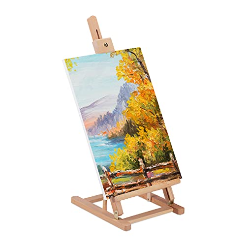 Relaxdays Cavalletto Pittura Da Tavolo, Espositore Regolabile Per Formati A3, Mini Segnatavolo, Legno Di Faggio, Marrone, Naturale, 1 Pz