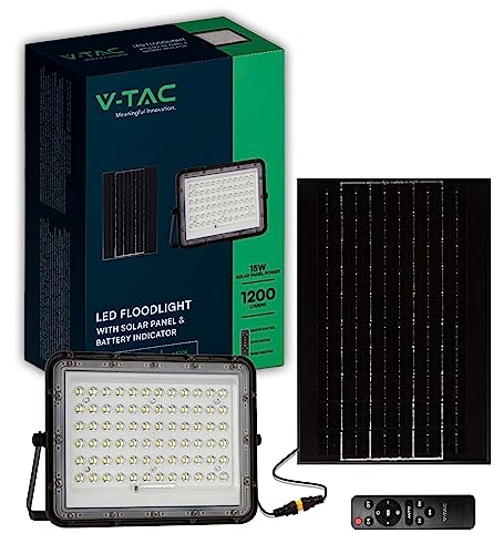 V-Tac Faro Led Da Esterno Con Pannello Solare 15W - Autonomia 12 Ore - Chip Samsung - Ip65-1200 Lumen - Proiettore Led Con Telecomando E Batteria Per