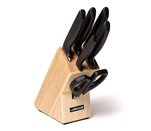 Arcos Serie Niza, Set Di Coltelli 6 Pezzi (5 Coltelli + 1 Forbici), Lama Acciaio Inossidabile Nitrum, Manico Polipropilene, Legno Di Caucciù