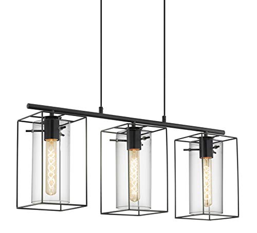 Eglo Lampada A Sospensione Loncino, Lampada A Sospensione A Tre Punti Luce Vintage, Lampada A Sospensione In Acciaio, Nero, Vetro Fumé, E27, Diametro