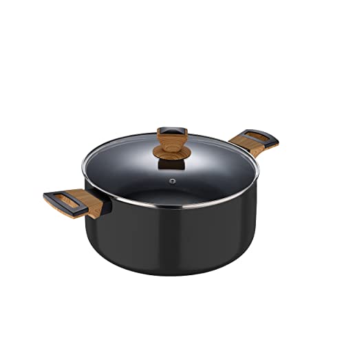 Bergner - Casseruola 28X15,5Cm In Alluminio Con Maniglie Soft Touch Effetto Legno E Coperchio In Vetro, Linea Earth Black Induzione