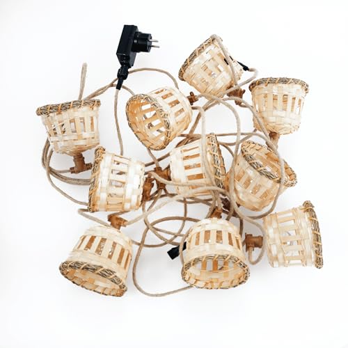 Newgarden - Aurora Ghirlanda Da Soffitto A Led Caldi In Stile Vintage Per Interni Ed Esterni. 10 Lampadine E12 Con Paralume In Fibra Di Bambù E Rattan