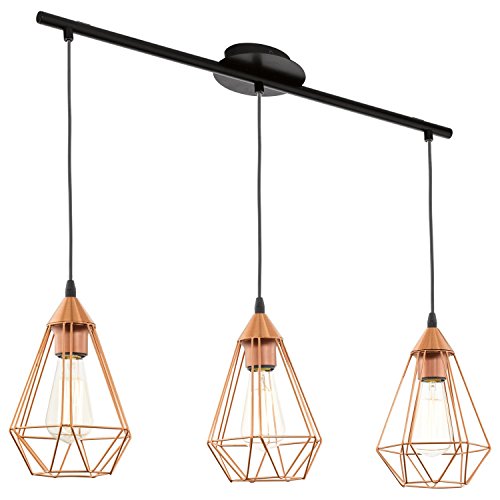 Eglo Lampada A Sospensione Tarbes, Lampada A Sospensione A Tre Punti Luce Vintage, Lampada A Sospensione In Stile Retrò, Acciaio, Rame, Nero, E27