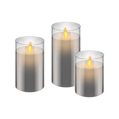 Goobay 57865 - Set Di 3 Candele A Led In Vera Cera (Grigio) Con Funzione Timer, Luce Bianca Calda, Fiamma Mobile, 10, 12,5 E 15 Cm, Trasparenti