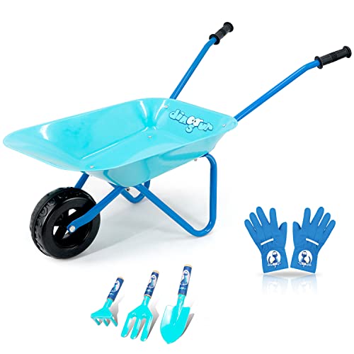 Colwelt Carriola In Metallo Per Bambini, 5 Pezzi, Carriola Da Giardinaggio Per Bambini, Set Con Pala, Rastrello, Forchetta E Guanti Per Bambini (Blu)