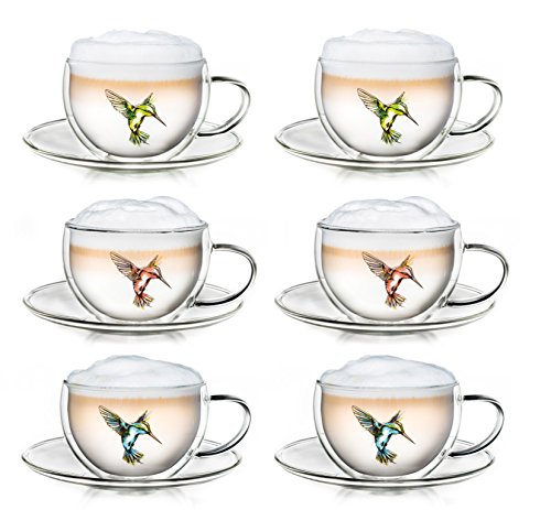 Creano Set Di 6 Tazze Termica "Hummi" Con Motivo Di Uccelli Colibri, Per Tè/Latte Macchiato, A Doppia Paret | 250Ml In Confezione Regalo