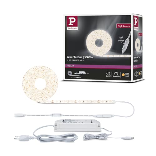 Paulmann Power Warm White 78957 Strip Led Simpled Alimentazione Con Dimmer Su Cavo Da 5M 1100Lm/M Incl. 1 Fascia Luminosa Dimmerabile Da 50 Watt Ip44