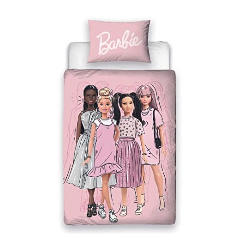 Character World Barbie - Set Copripiumino Per Letto Singolo Per Bambini, Reversibile, 2 Lati, Con Federa Coordinata, Colore: Rosa