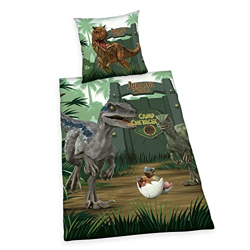 Herding Jurassic World Nuove Avventure, Biancheria Da Letto, Federa Ca. 80X80 Cm, Copripiumino Ca. 135X200 Cm, Con Cerniera Scorrevole Di Qualità, 100