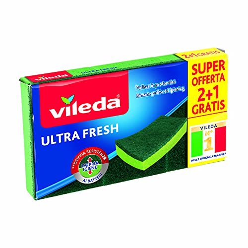 Vileda Ultra Fresh Spugna Abrasiva, Assorbente, Antigraffio, Con Parte Fibrosa, Trattamento Antibatterico, Formato 2+1, Verde