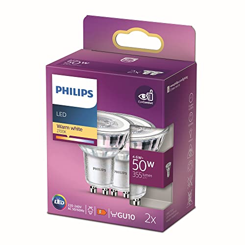 Philips Led Faretto, 2 Pz, 50W, Attacco Gu10, Luce Bianca Calda
