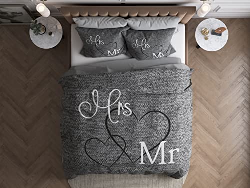 Sleeptime Copripiumino Cotone Mr. And Mrs. 3, 200Cm X 220Cm Una Piazza E Mezza, Con 2 Funda De Almohada 60Cm X 70Cm, Grigio
