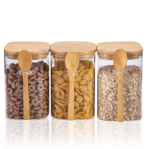Bazioe🍀 Barattoli Vetro Quadrati 1200Ml Φ10Cm Barattoli Di Vetro Ermetici Con Coperchio E Cucchiaio Senza Bpa Per Stoccaggio Cucina (1,2L, Set Di 3)