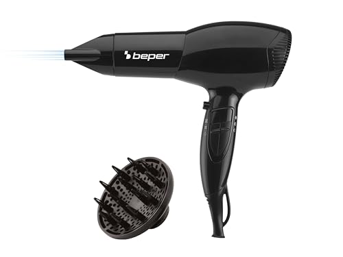 Beper 40.979 Asciugacapelli 2000 Watt, Con Diffusore E Concentratore Inclusi, Manico Antiscivolo, Nero