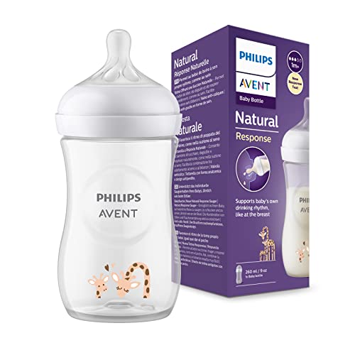 Philips Avent Biberon Natural Response - Biberon Da 260 Ml, Senza Bpa, Per Neonati Da 1 Mese In Su, Con Motivo Di Giraffa (Modello Scy903/66)