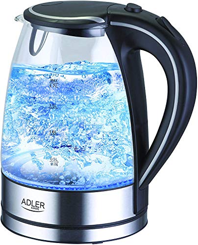 Adler Ad1225 Bollitore In Vetro E Acciaio Inox Con Led Blu Integrato | 1,7 Litri Di Capacità | Potente 2000 Watt | Té Automatica | Bollitore Elettrico