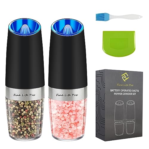Fine Life Pro - Set Di 2 Macinasale E Pepe Elettrico, Per Sale E Pepe, Per Gravità Attivata, Grado Di Macinazione Regolabile, Con Luce Led Blu, Nero,