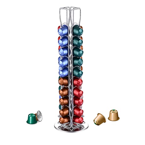 Ygjt Porta Capsule/ Cialde Nespresso, 40 Pezzi Caffè, Girevoli A 360 Gradi Acciaio Inossidabile, Ufficio & Cucina 11.5X11.5X39Cm (Argento Cromato)