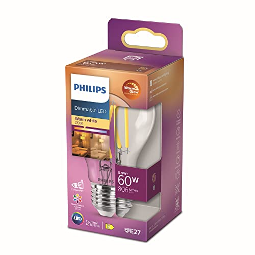 Philips Lampadina Led Philips - Luce Bianca Calda - E27 - 60 W - Trasparente - Dimmerabile - Risparmio Energetico - Lampadina A Filamento