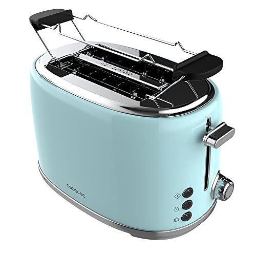 Cecotec Tostapane 2 Fette Toast&Taste 1000 Retro Double Blue. 980 W, 2 Fessure Larghe Da 3,8 Cm E Corte, Acciaio Inossidabile, Aste Superiori, Potenza