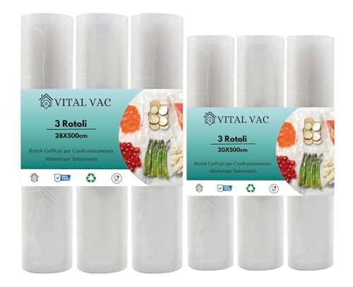 Vital Vac 6 Rotoli Goffrati Di 5 Metri Per Sacchetti Di Confezionatrice Sottovuoto Di Alimenti | Riutilizzabili, Validi Per Conservazione, Congelament