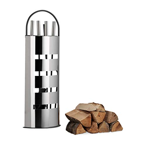 Relaxdays 10022290 Accessori Camino, 5 Pezzi, Moderno, Porta-Attrezzi, Paletta, Scopetta, Pinza, Attizzatoio, Grigio-Argento, Acciaio