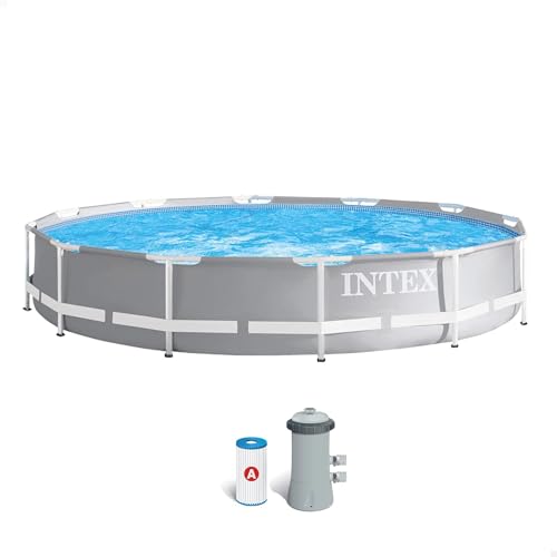Intex 26712Np – Piscina Fuori Terra Prisma Frame Rotonda, Pompa Filtro 2006 L/H, 6503 L, Acciaio E Pvc, Grigio, 366X76 Cm
