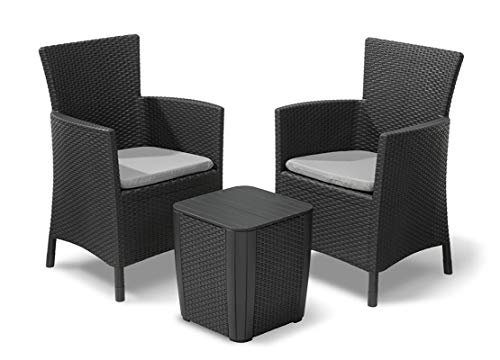 Keter Iowa Balcony Set, Set Mobili Da Esterno 2 Poltrone E Tavolino Contenitore Grafite
