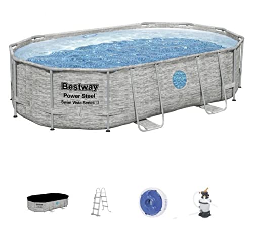 Bestway 56946 Set Piscina Fuori Terra Power Steel Swim Vista Series Ovale Con Oblò Da 488X305X107 Cm