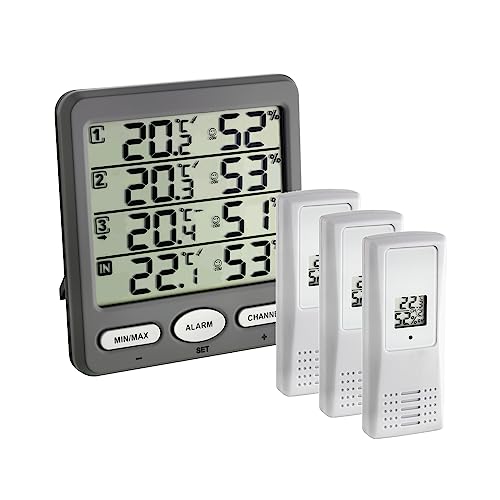 Tfa Dostmann Termo-Igrometro Digitale Radiocontrollato Klima-Monitor, 30.3054.10, Con 3 Sensori Esterno, Temperatura E Umidità, Clima Ambientale, Valo