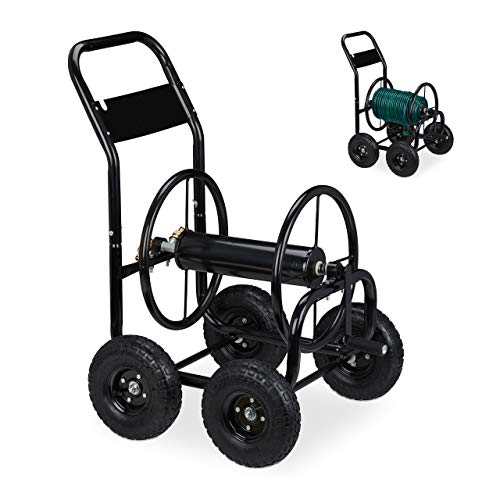Relaxdays Carrello Avvolgitubo In Metallo, Con 4 Ruote, Attacco Da 1/2 E 3/4 Pollici, Per Tubi Lunghi Fino A 75 M, Nero