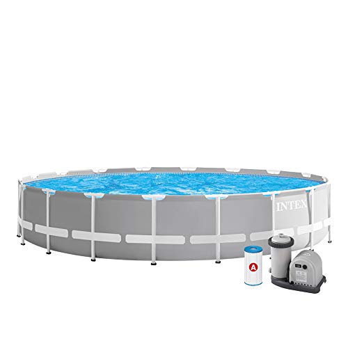 Intex 26732Np – Piscina Fuori Terra Prisma Frame Rotonda, Pompa Filtro 5678 L/H, Scaletta, Telo Base E Copertura, 24311 L, Acciaio E Pvc, Grigio, 549X
