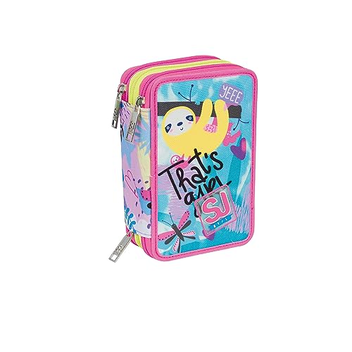 Sj Gang Astuccio Scuola 3 Zip - Triplo Scomparto Clack It Girl - Con Penne, Matite, Colori - Azzurro - Bambine