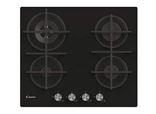 Candy Cvg6Br4Wpb Piano Cottura A Gas In Vetro Temperato Da 60 Cm, 4 Fuochi, Da Incasso, Griglie In Ghisa, Bruciatore Wok, Valvola Di Sicurezza, Gpl E