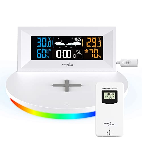 Green Blue Gb213 Stazione Meteo Wireless Con Caricabatterie Qi Previsioni Meteo Calendario Sveglia Sensore Esterno Interno Termometr