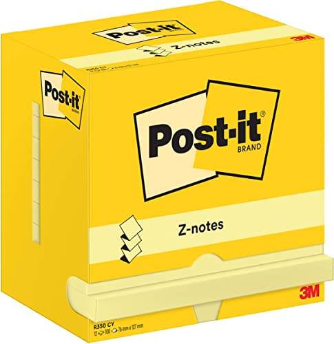 Post-It Z-Notes 3M06584 - Confezione Da 12 Fogli R350 Cy, 76 X 127 Mm, 100 Fogli, Colore: Giallo Canarino