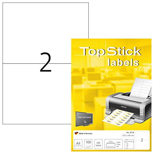 Topstick Etichette Universali, 210 X 148 Mm, Etichette Adesive A4 Per Stampante, 2 Etichette Per Foglio, Bianco