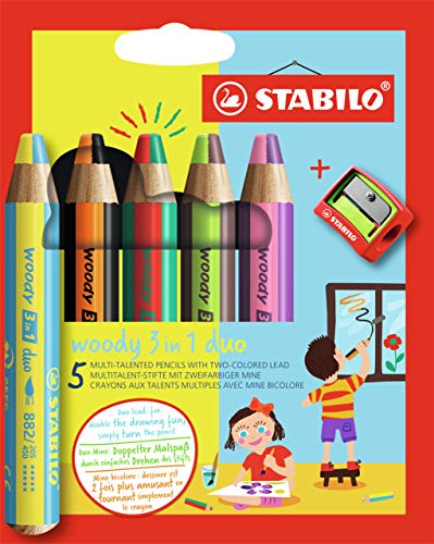 Matita Colorata Multi-Funzione, Stabilo Woody 3 In 1 Duo, Mina A 2 Colori, Astuccio Da 5, Con Temperino, 5 Matitoni E 10 Colori