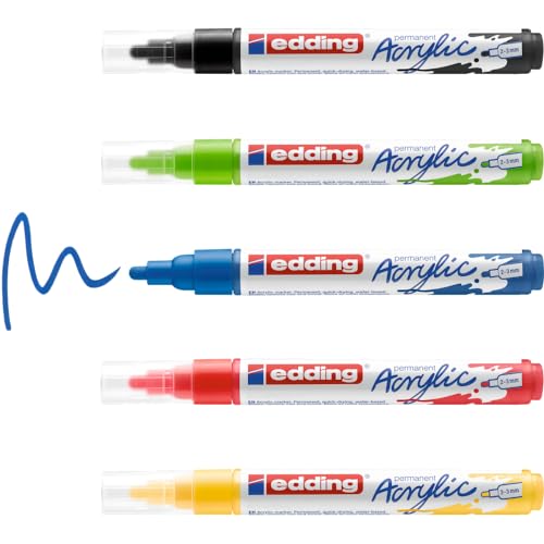 Edding 5100 Marcatore Acrilico, Nero,Rosso,Blu,Giallo,Giallo-Verde, Cf.5(Basic) Marcatori A Vernice Acrilica, Punta Tonda 2-3Mm, Pennnarello Acrilico