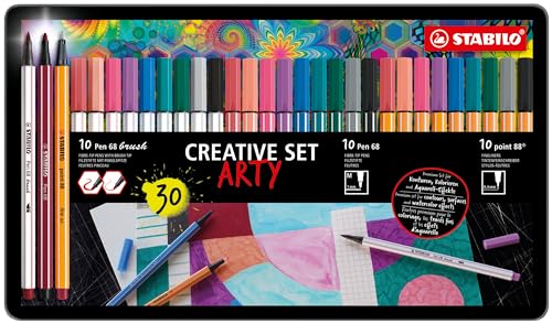 Stabilo Arty Creative Set - Stabilo Point 88, Pen 68 & Pen 68 Brush - Scatola In Metallo Da 30 - 10 Fineliner Point 88, 10 Pennarelli Pen 68, 10 Penna