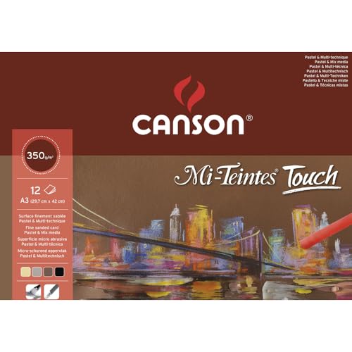 Canson Mi-Teintes Touch ,Blocco Collato Lato Lungo ,A3, 12 Fogli 4 Colori Assortiti Crema,Grigio,Seppia,Nero , 350 Gm2