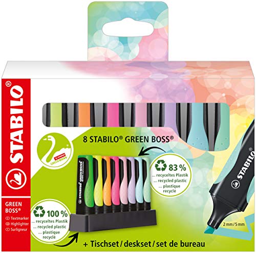 Evidenziatore Ecosostenibile - Stabilo Green Boss Pastel Desk-Set - 8 Colori Assortiti 4 Neon + 4 Pastel