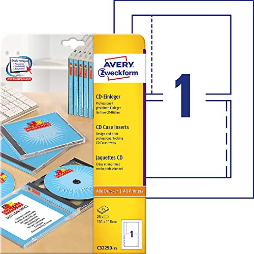 Avery Zweckform, C32250-25, 25 Fogli, Etichette Per Cd, Stratificati, Microperforati, Adatte Per Stampanti A Getto D'Inchiostro, Stampanti Laser E Fot