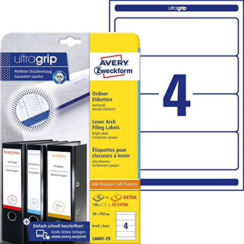 Avery Zweckform L6061-25 Etichette Per Raccoglitori (A4, 100 Pezzi, Opache, 192 X 59 Mm) Bianco 25 Blatt Bianco