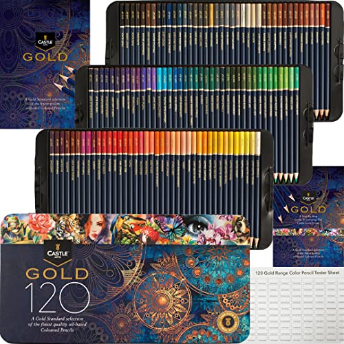 Castle Art Supplies Set Di 120 Matite Colorate Di Qualità Oro | Anime A Base D’Olio Più Appuntite E Resistenti Alla Rottura | Per Artisti Adulti E Col