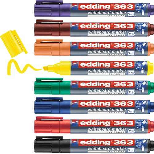 Edding 363 Marcatore Per Lavagne Bianche Punta A Scalpello; Astuccio 8 Pz.; Colori Nero, Rosso, Blu, Verde, Giallo, Arancione, Marrone, Viola; Tratto