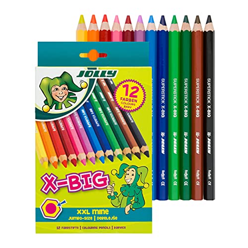 Jolly Matite Colorate X-Big, 12 Matite Colorate Extra Spesse, Estremamente Infrangibili E Durevoli, Non Tossiche, 12 Pezzi In Astuccio Di Cartone