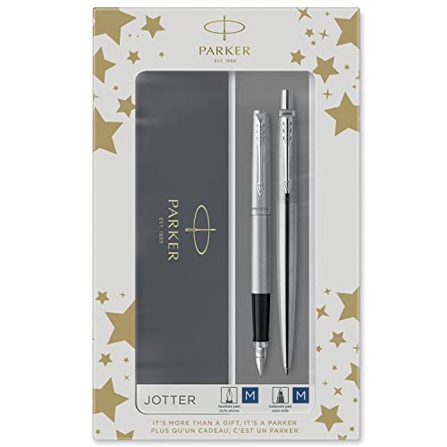Parker Jotter Duo Set Con Penna A Sfera E Penna Stilografica In Acciaio Inossidabile Con Finiture Cromata, Confezione Regalo